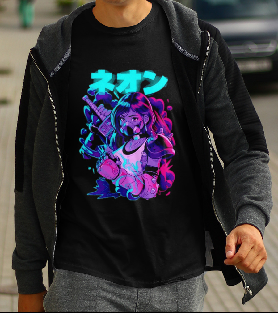 Neon Cyberpunk Anime Warrior Girl Futuristic Vaporwave Aesthetic T-Shirt