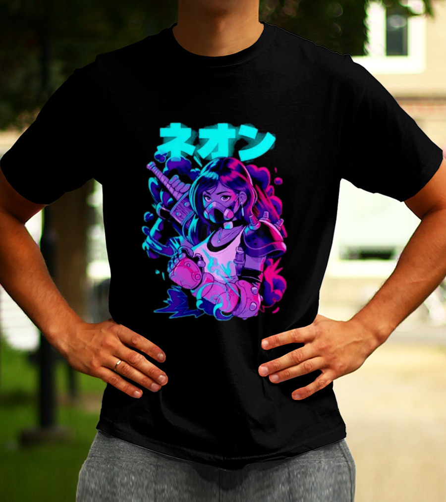 Neon Cyberpunk Anime Warrior Girl Futuristic Vaporwave Aesthetic T-Shirt