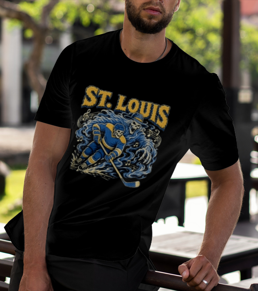 St. Louis Blues Hockey Skeleton Player With Music Notes And Ghostly Figure T-Shirt