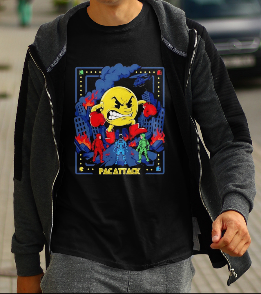 Pac Attack City Destruction Video Game Icon Battle Scene T-Shirt