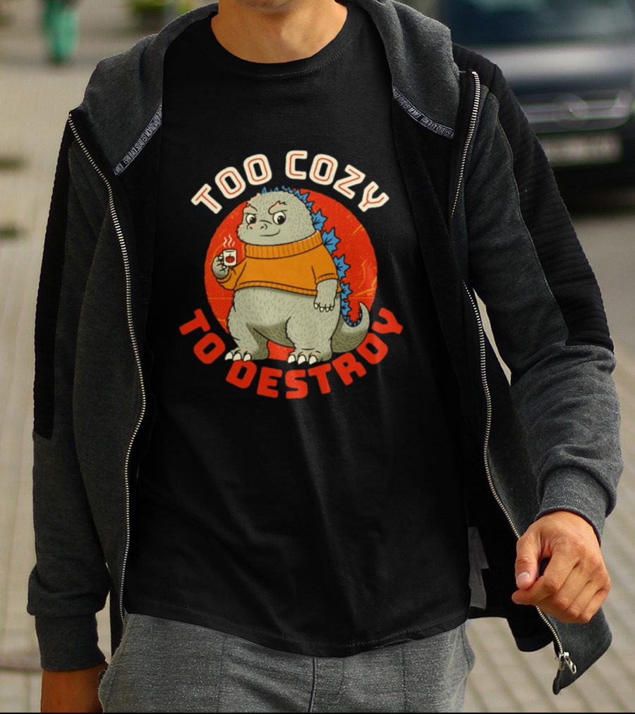 Too Cozy To Destroy Dinosaur In Orange Sweater With Coffee Cup T-Shirt