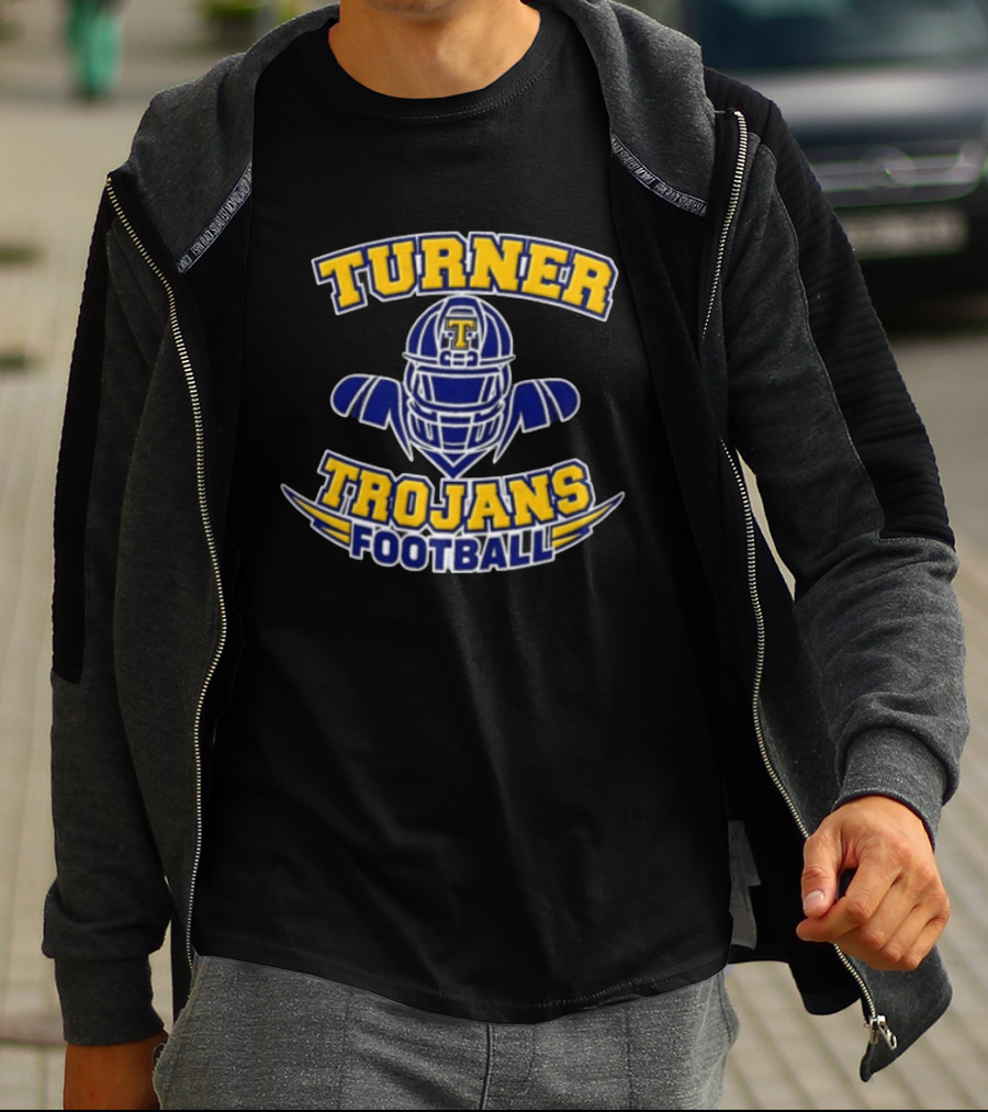 Turner Trojans Football Yellow Navy Helmet Shoulder Pads Gridiron T-Shirt