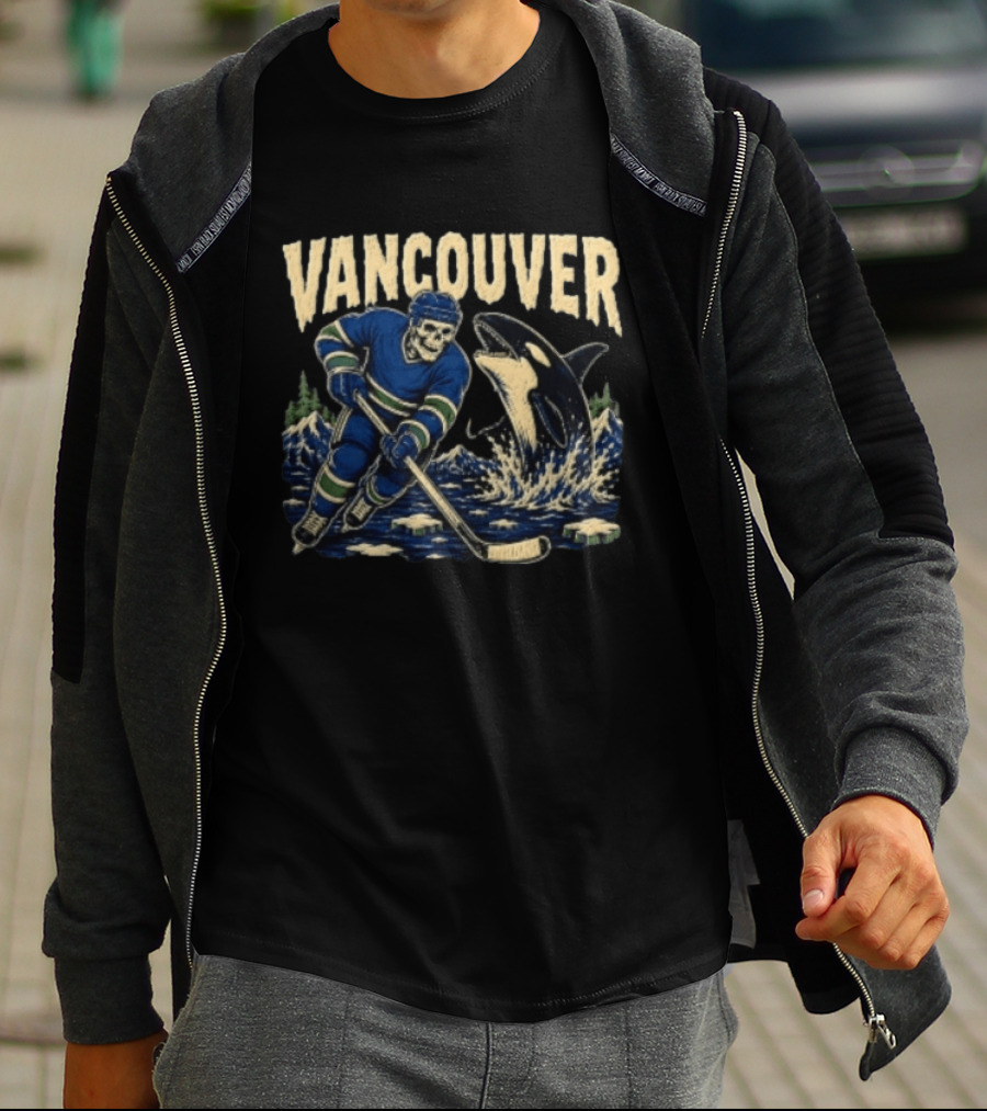 Vancouver Canucks Hockey Skeleton Player With Orca T-Shirt