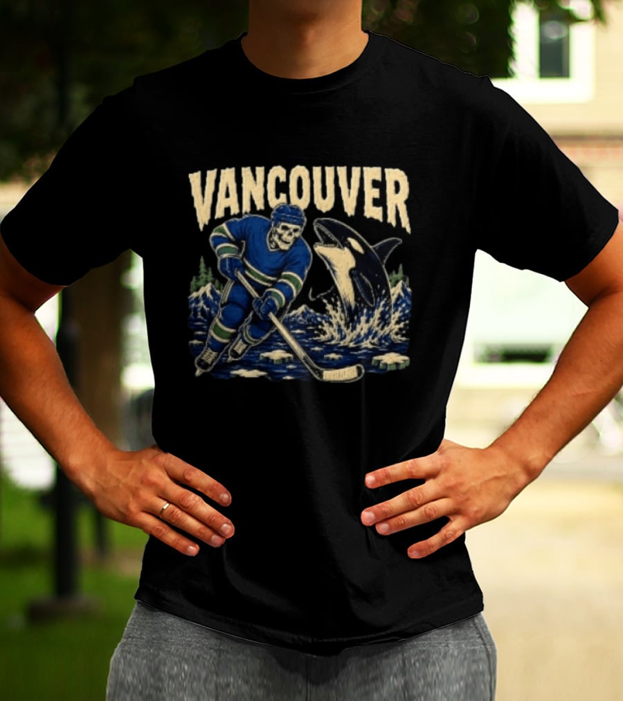 Vancouver Canucks Hockey Skeleton Player With Orca T-Shirt