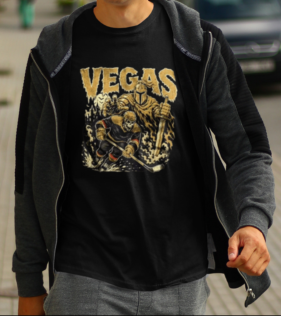 Vegas Golden Knights Skeleton Hockey Player With Knight And Sword T-Shirt