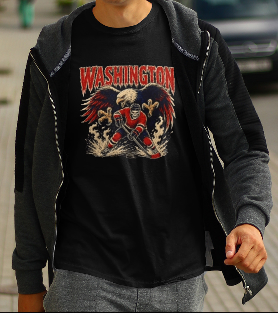 Washington Capitals Skeleton Hockey Player With Eagle T-Shirt