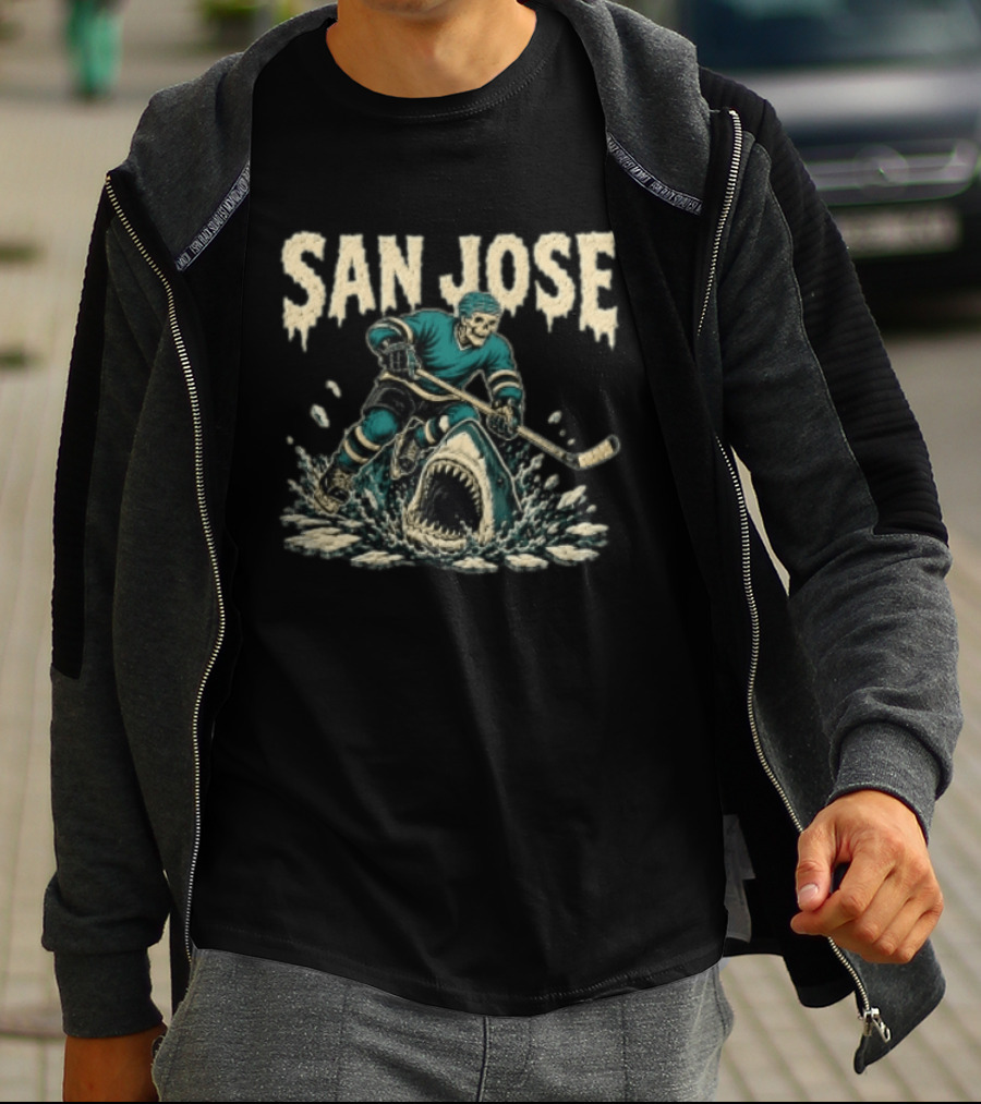 San Jose Sharks Skeleton Hockey Player Riding Shark T-Shirt