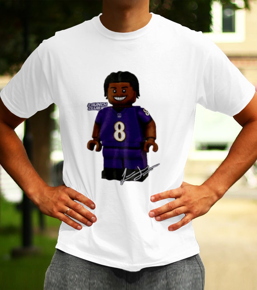 Baltimore Ravens Lamar Jackson Lego Minifigure Purple Jersey Number 8 T-Shirt