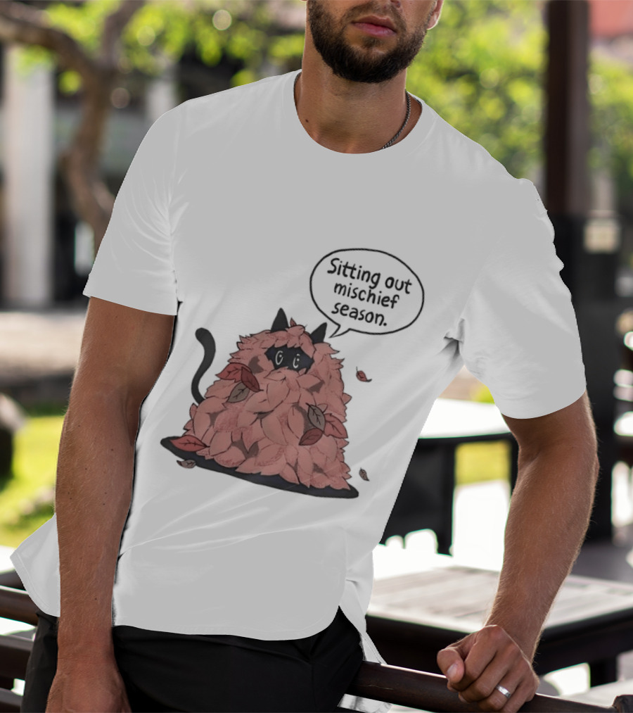 Sitting Out Mischief Season Cat Autumn Leaves T-Shirt