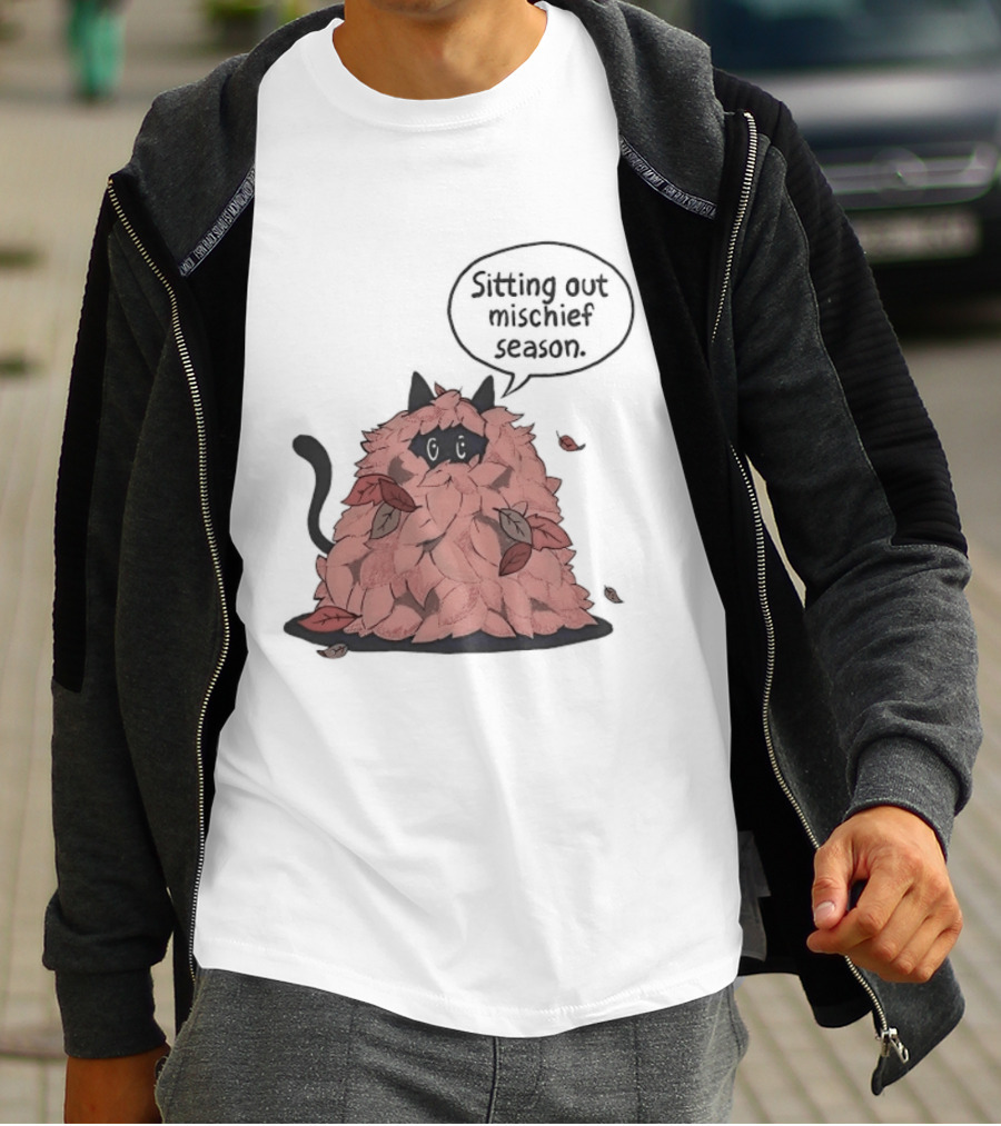 Sitting Out Mischief Season Cat Autumn Leaves T-Shirt