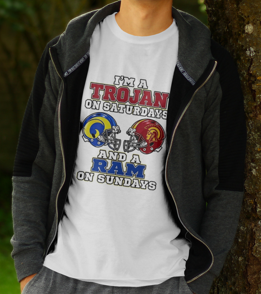 Trojan On Saturdays USC And Ram On Sundays Football Fan Helmet T-Shirt