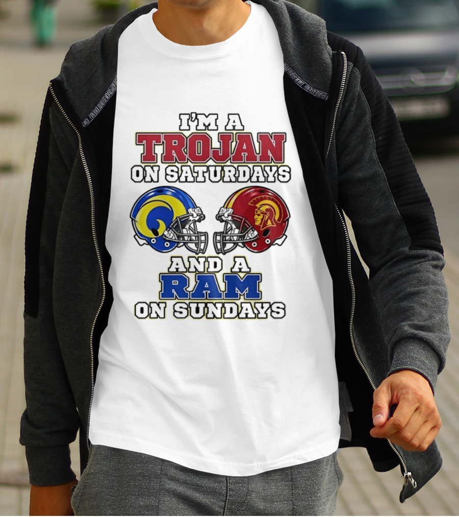 Trojan On Saturdays USC And Ram On Sundays Football Fan Helmet T-Shirt