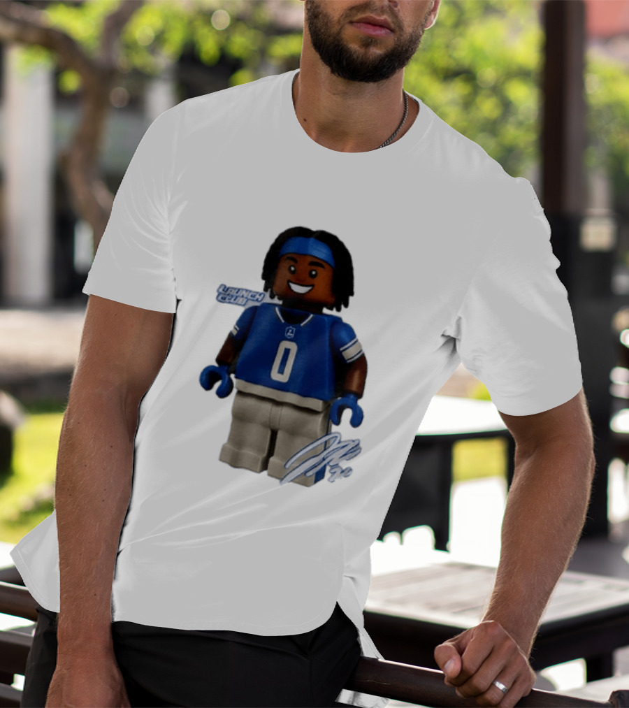 Detroit Lions Jahmyr Gibbs Lego Minifigure Launch Club Football Player T-Shirt