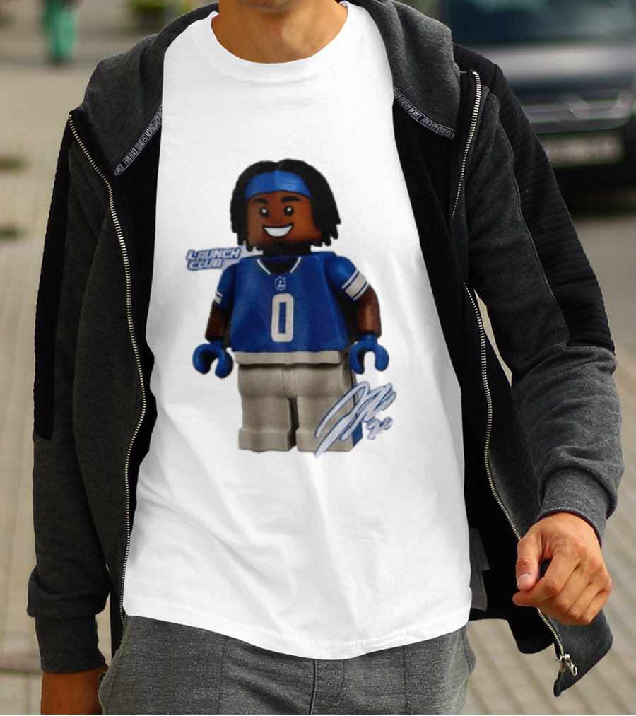 Detroit Lions Jahmyr Gibbs Lego Minifigure Launch Club Football Player T-Shirt