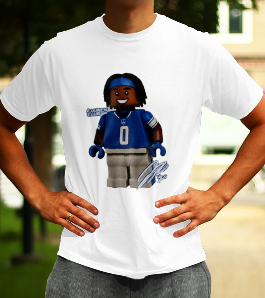 Detroit Lions Jahmyr Gibbs Lego Minifigure Launch Club Football Player T-Shirt