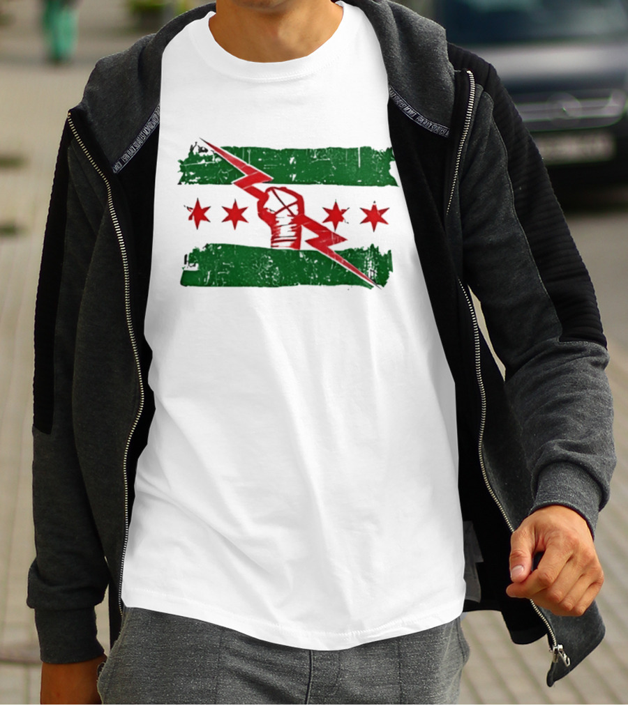 Chicago Flag Symbol Red Fist Lightning Bolt Green Distressed T-Shirt