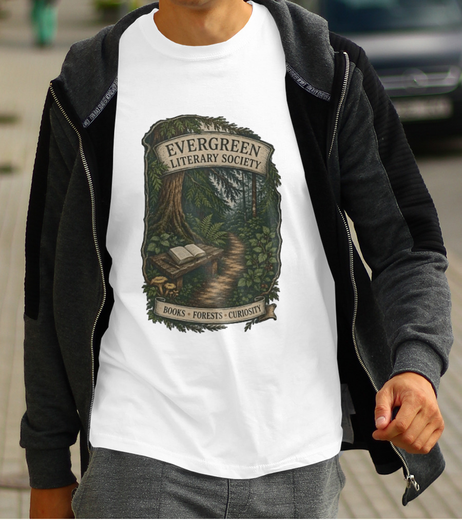 Evergreen Literary Society Books Forests Curiosity Pathway Through Trees T-Shirt
