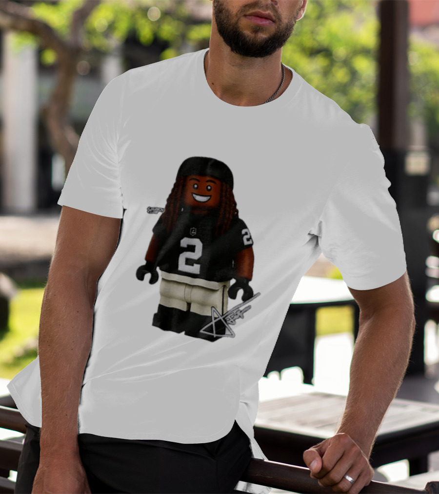 Las Vegas Raiders Running Back Ashton Jeanty 2 Lego Minifigure With Football Helmet T-Shirt