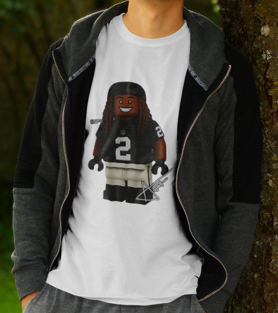 Las Vegas Raiders Running Back Ashton Jeanty 2 Lego Minifigure With Football Helmet T-Shirt