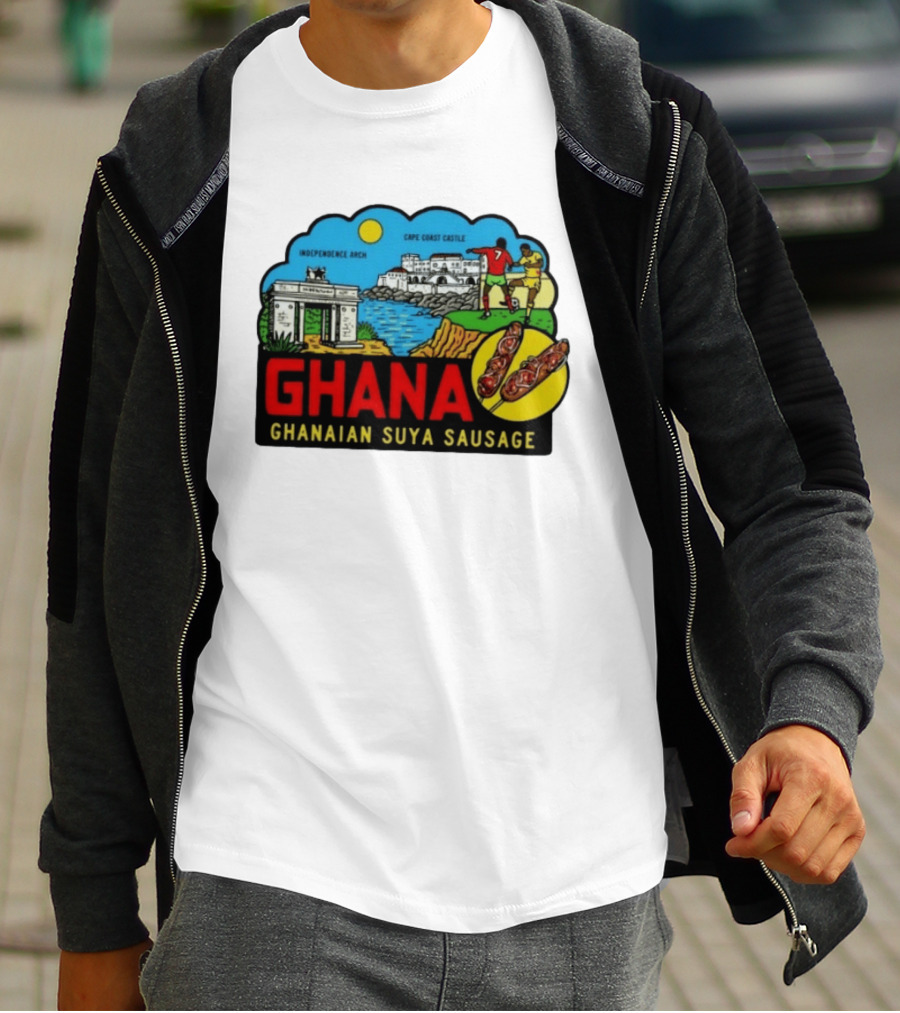 Ghana Cape Coast Castle Independence Arch Ghanaian Suya Sausage Soccer Scene T-Shirt