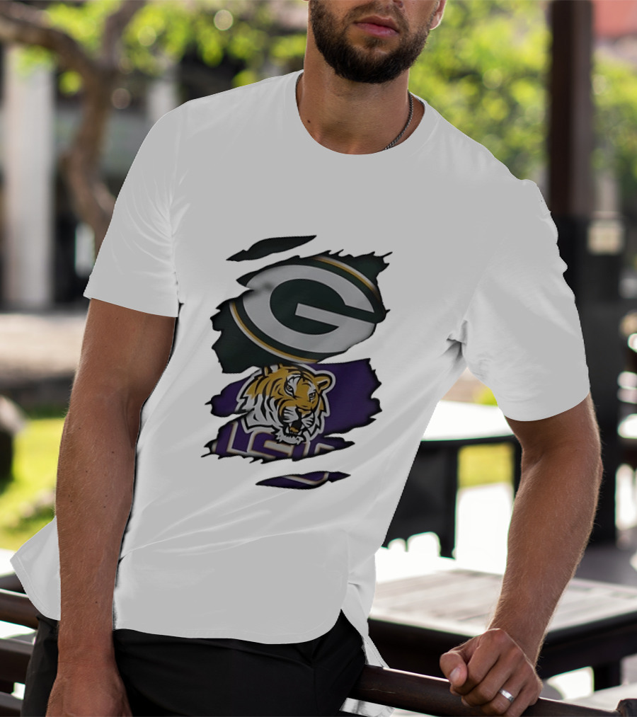Green Bay Packers G Logo And LSU Tigers Purple And Gold Torn Fabric T-Shirt