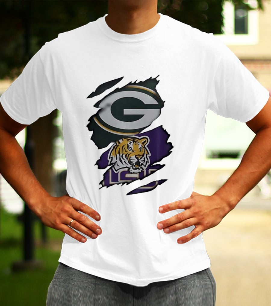 Green Bay Packers G Logo And LSU Tigers Purple And Gold Torn Fabric T-Shirt