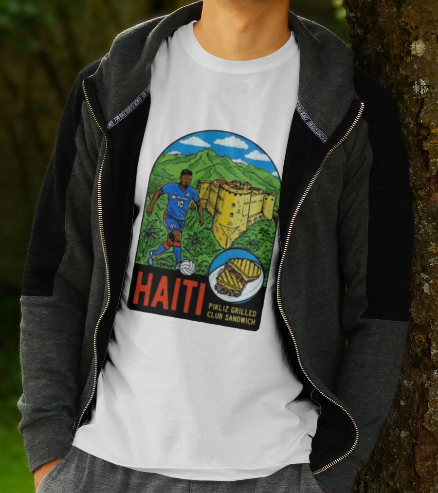 Haiti Soccer Player Pikliz Grilled Club Sandwich Historical Fortress Mountain Scene T-Shirt