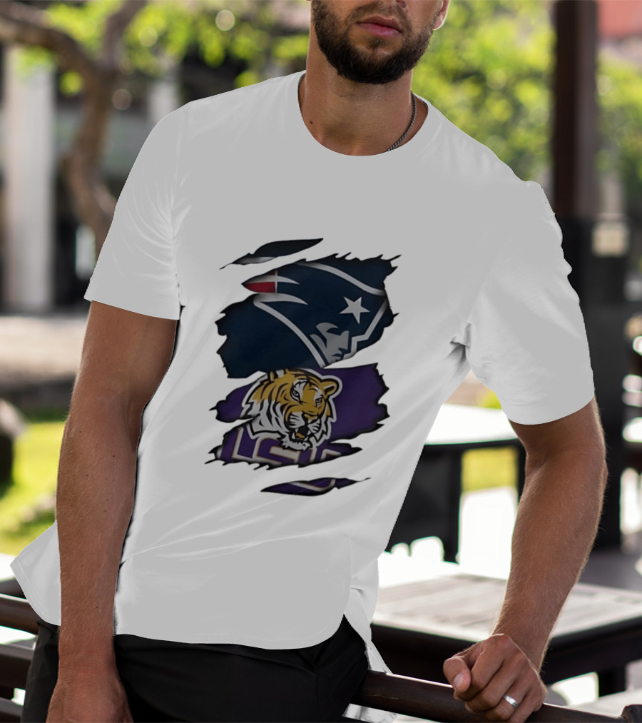 New England Patriots LSU Tigers Torn Fabric Tiger And Patriot Head Logos T-Shirt