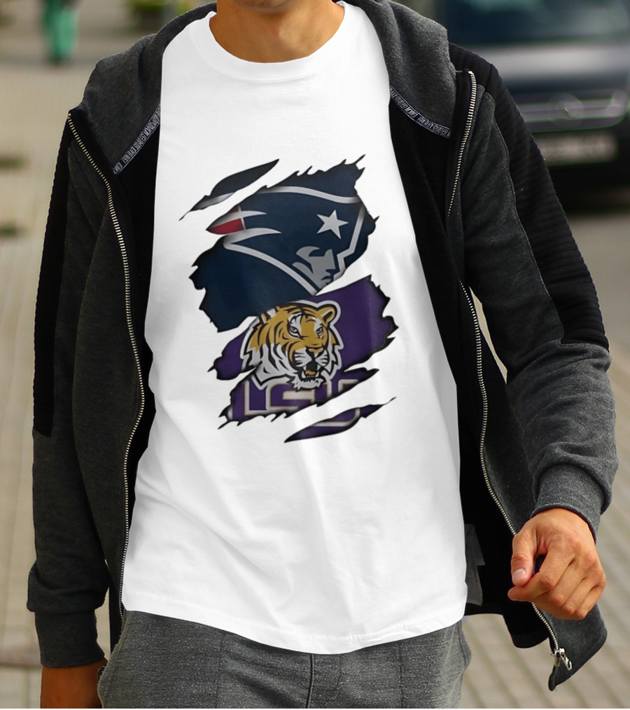 New England Patriots LSU Tigers Torn Fabric Tiger And Patriot Head Logos T-Shirt
