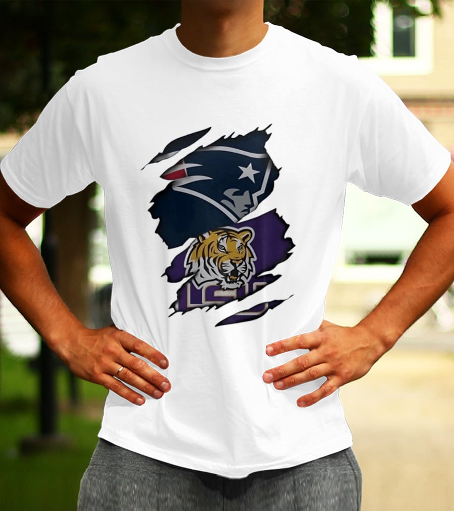 New England Patriots LSU Tigers Torn Fabric Tiger And Patriot Head Logos T-Shirt