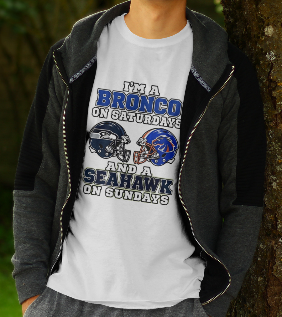 I'm A Bronco On Saturdays And A Seahawk On Sundays Football Helmets T-Shirt