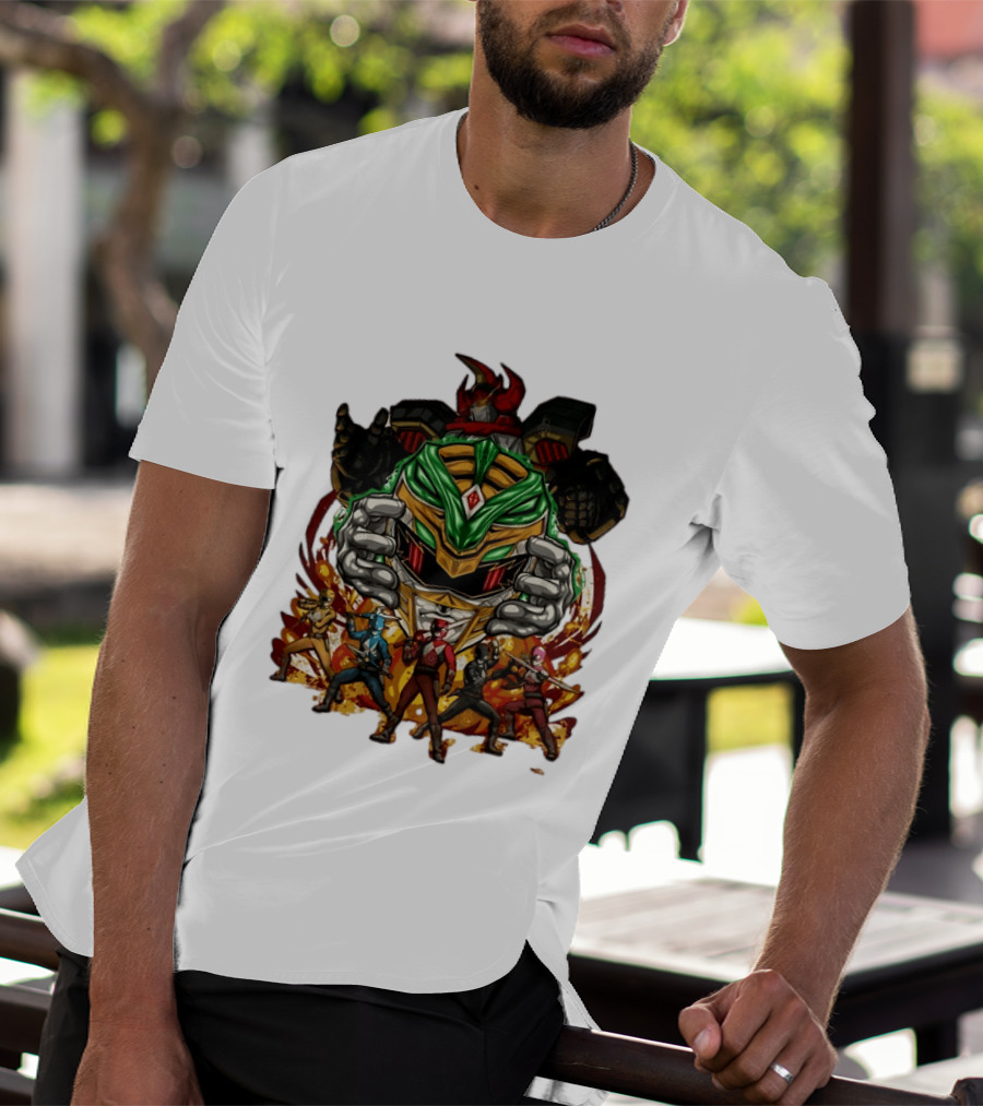 Mighty Morphin Power Rangers Green Ranger Dragonzord Helmet And Team Pose T-Shirt
