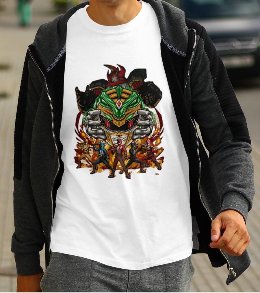 Mighty Morphin Power Rangers Green Ranger Dragonzord Helmet And Team Pose T-Shirt