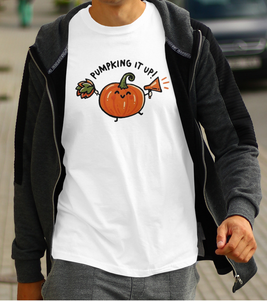 Pumpking It Up Pumpkin Cheerleader Cute Cartoon Holding Megaphone And Pom Pom T-Shirt