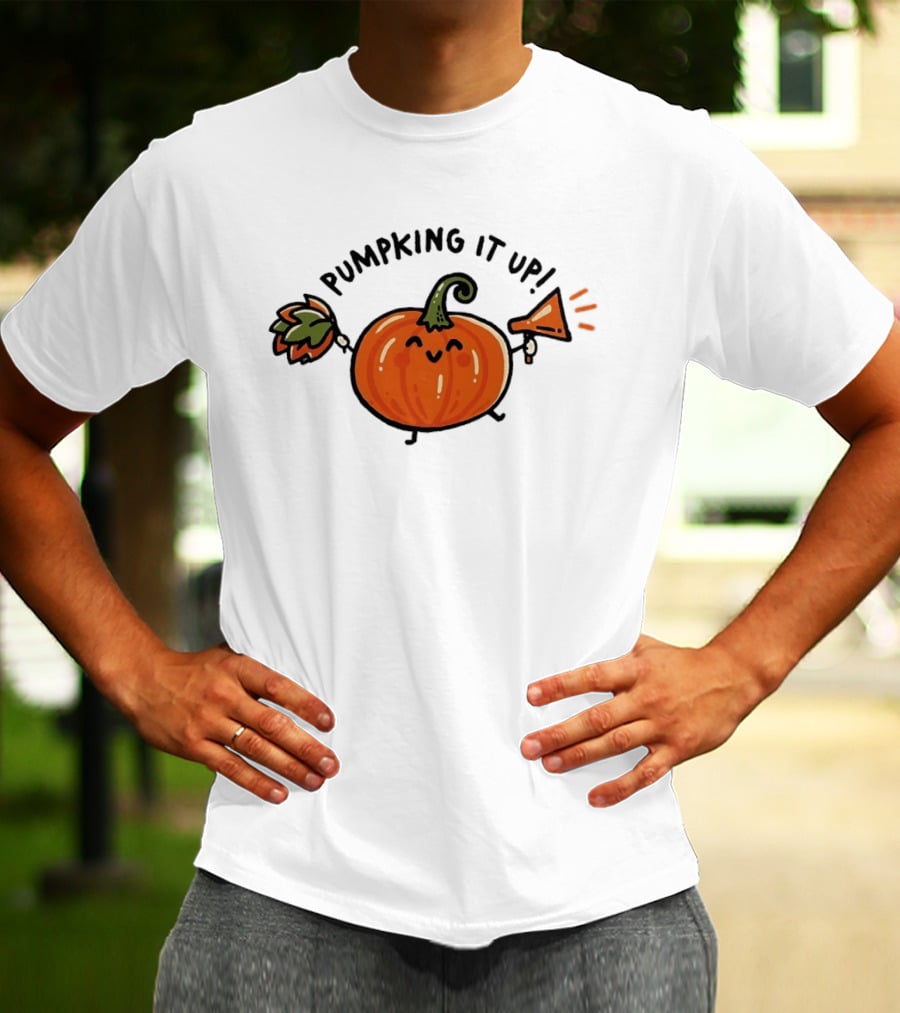 Pumpking It Up Pumpkin Cheerleader Cute Cartoon Holding Megaphone And Pom Pom T-Shirt