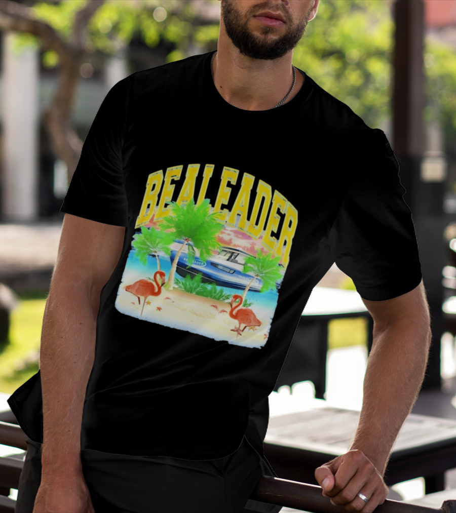 Bealeader Tropical Beach Scene With Palm Trees, Boat, And Flamingos T-Shirt
