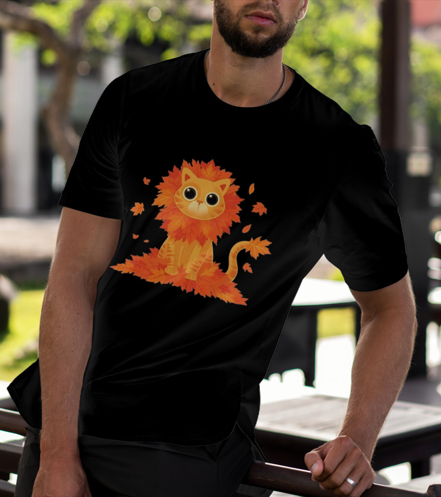 Cat With Autumn Leaves Mane Fall Lion Cozy Cute Kitty T-Shirt