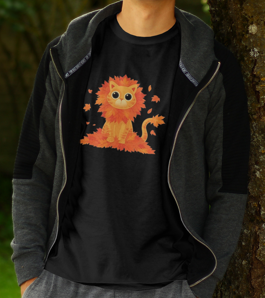 Cat With Autumn Leaves Mane Fall Lion Cozy Cute Kitty T-Shirt