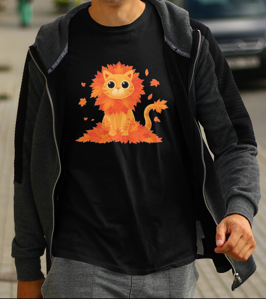 Cat With Autumn Leaves Mane Fall Lion Cozy Cute Kitty T-Shirt