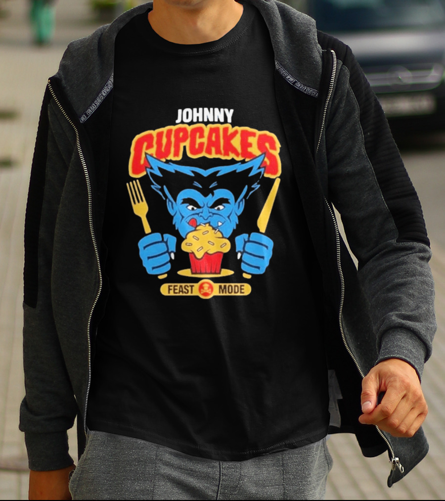Johnny Cupcakes Feast Mode Blue Wolverine Eating Cupcake T-Shirt