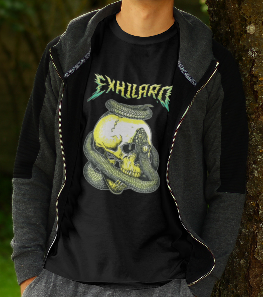 Exhilaro Venomous Serpent Coiled Around Yellow Human Skull T-Shirt