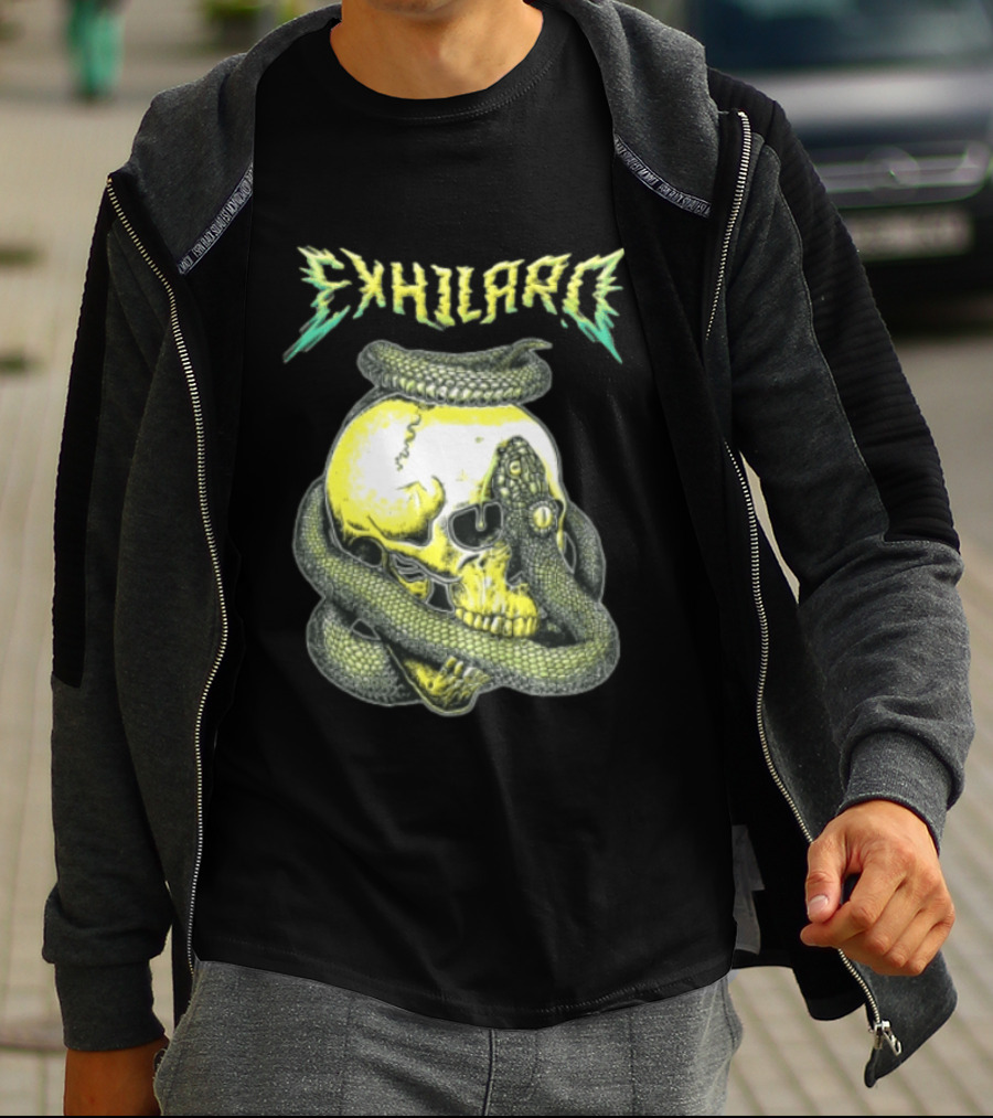 Exhilaro Venomous Serpent Coiled Around Yellow Human Skull T-Shirt