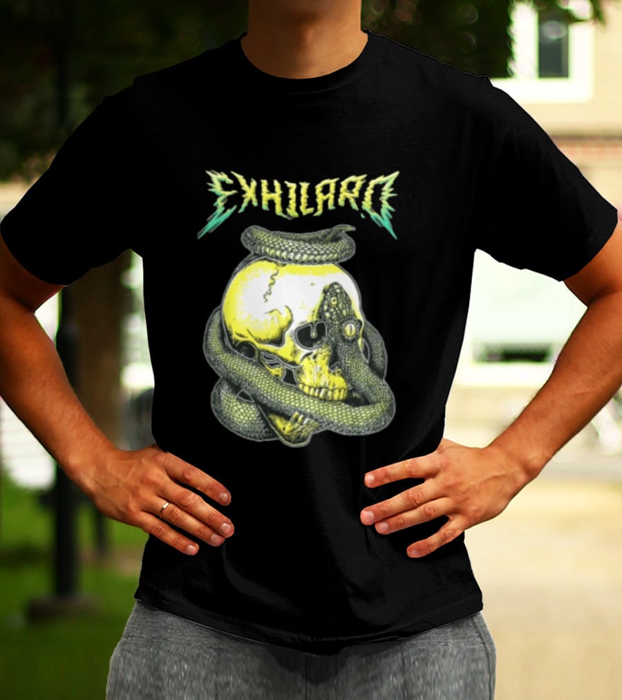 Exhilaro Venomous Serpent Coiled Around Yellow Human Skull T-Shirt