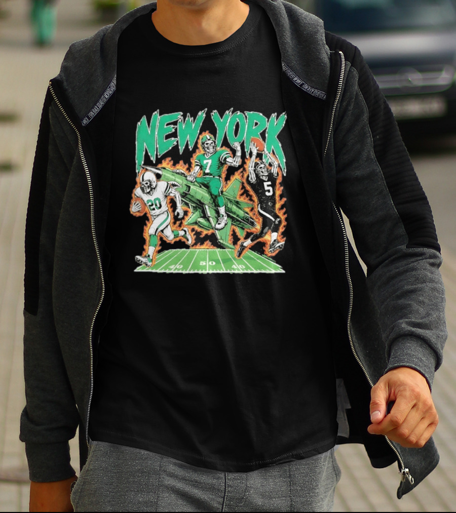 New York Jets Skeleton Football Players With Jet And Field T-Shirt