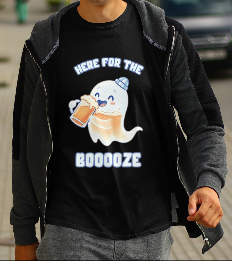 Here For The Booooze Ghost Drinking Beer Fun Halloween T-Shirt