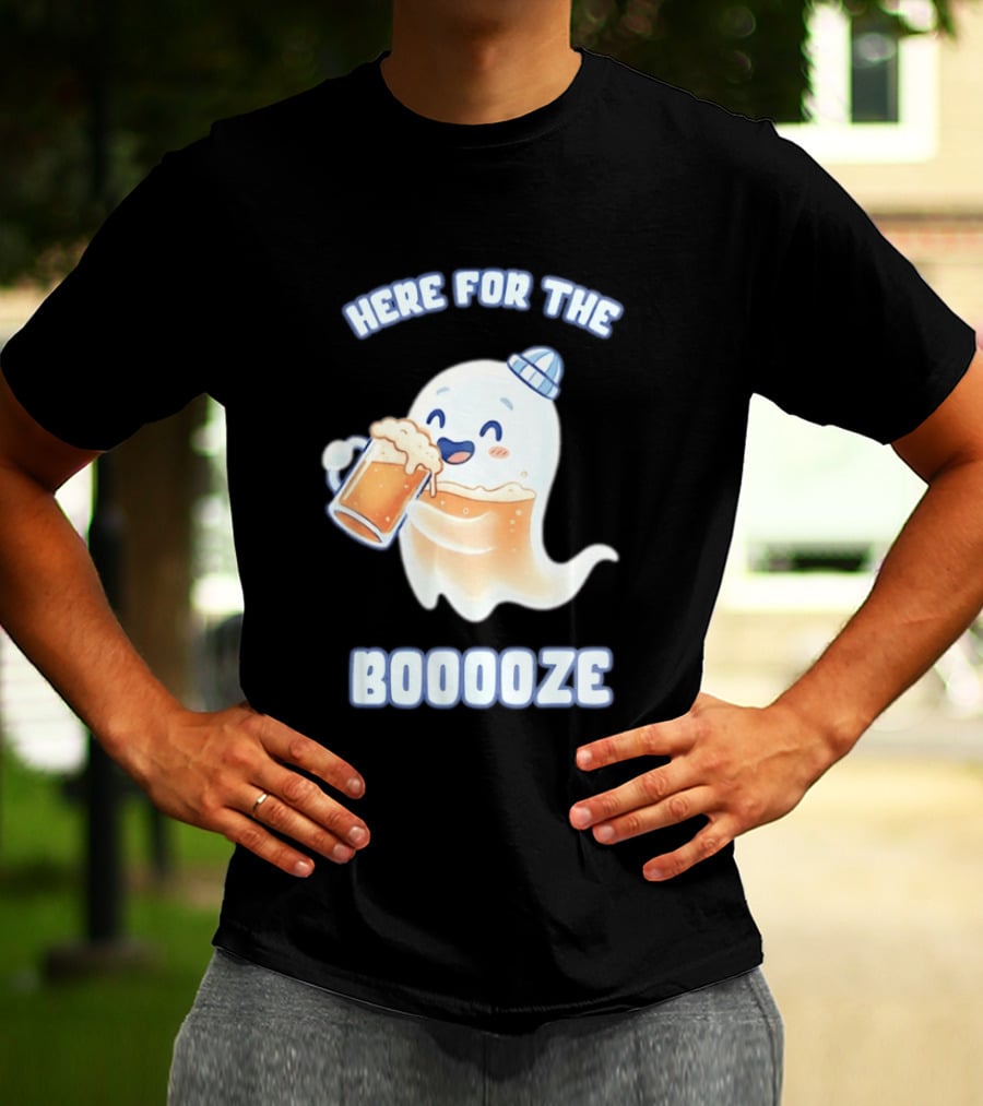 Here For The Booooze Ghost Drinking Beer Fun Halloween T-Shirt