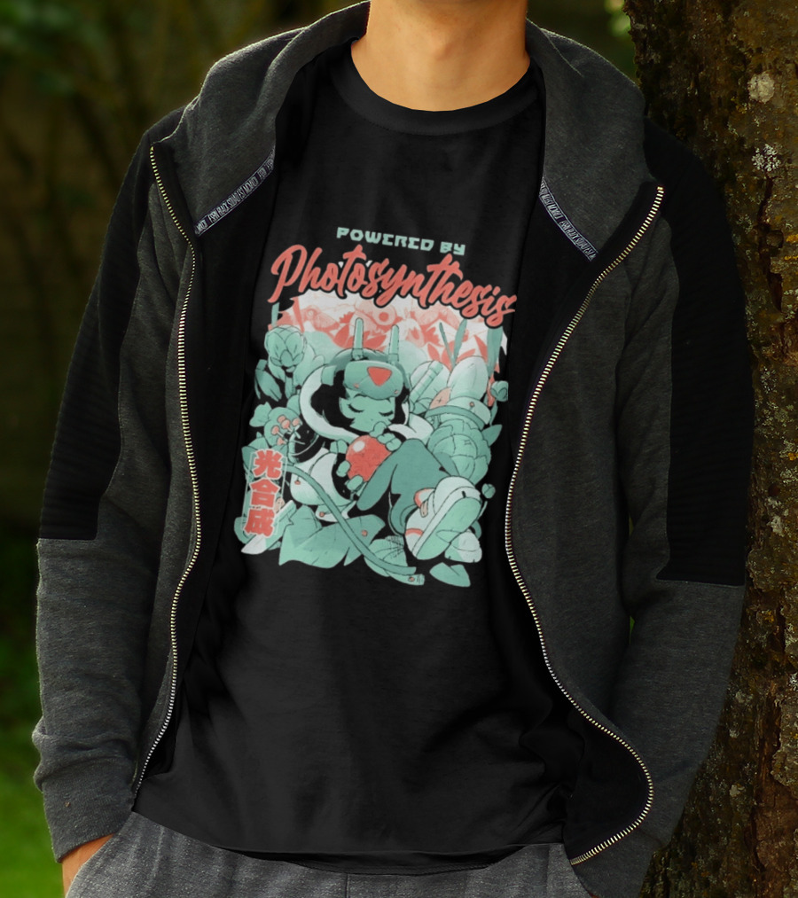 Powered By Photosynthesis Anime Kanji Characters And Cute Green Robot T-Shirt