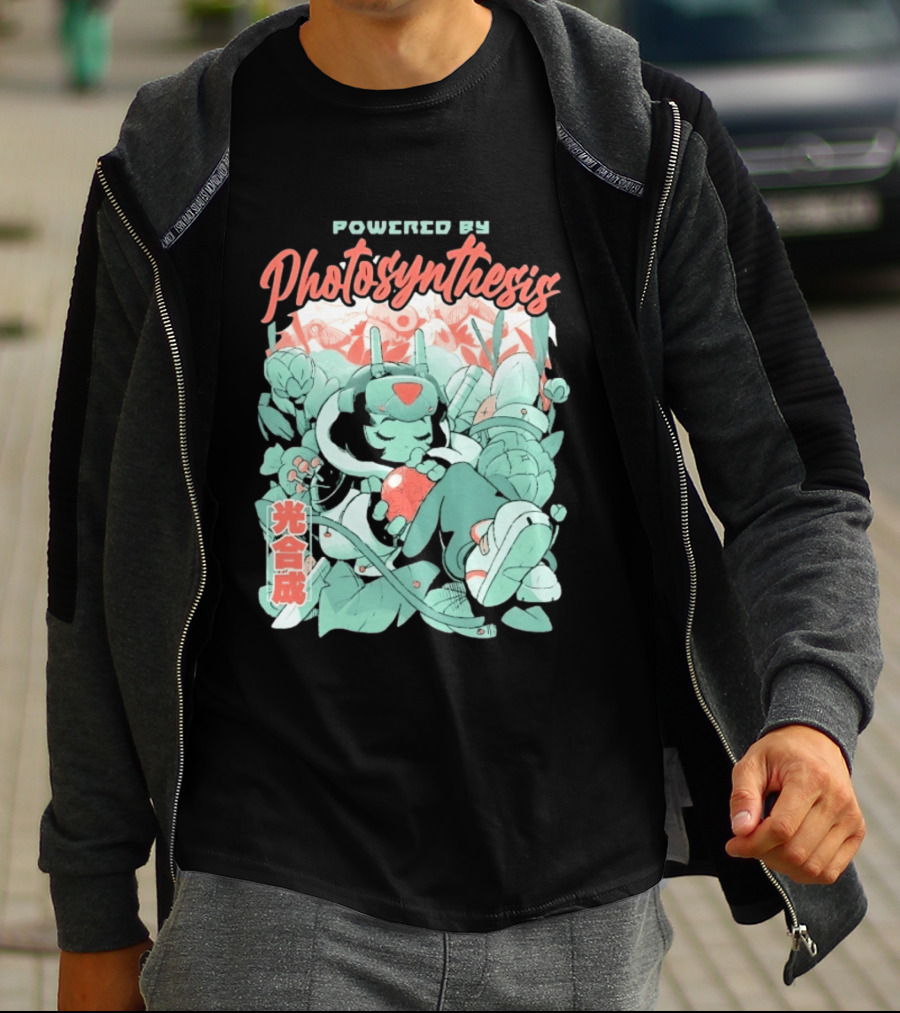 Powered By Photosynthesis Anime Kanji Characters And Cute Green Robot T-Shirt