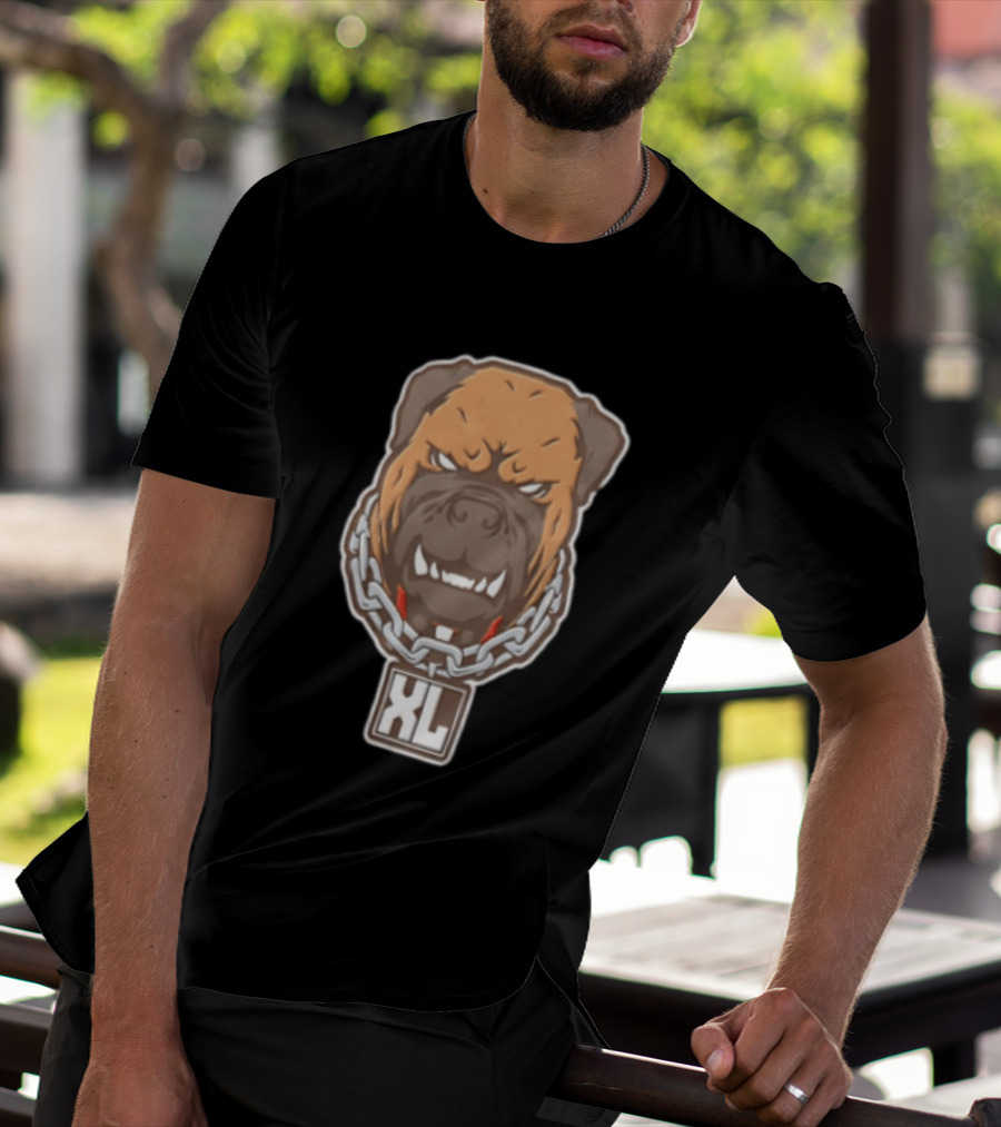 XL Angry Growling Dog Head Chain Collar Tag Cartoon Caricature T-Shirt