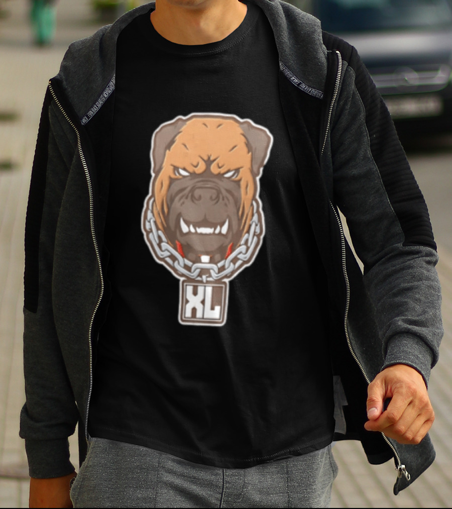 XL Angry Growling Dog Head Chain Collar Tag Cartoon Caricature T-Shirt